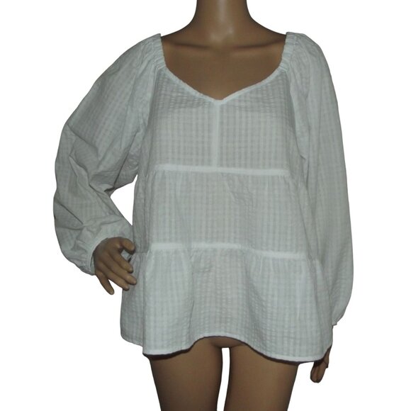 Old Navy Blouse Women Large White Babydoll boho tiered empire peasant top v-neck - Picture 1 of 12